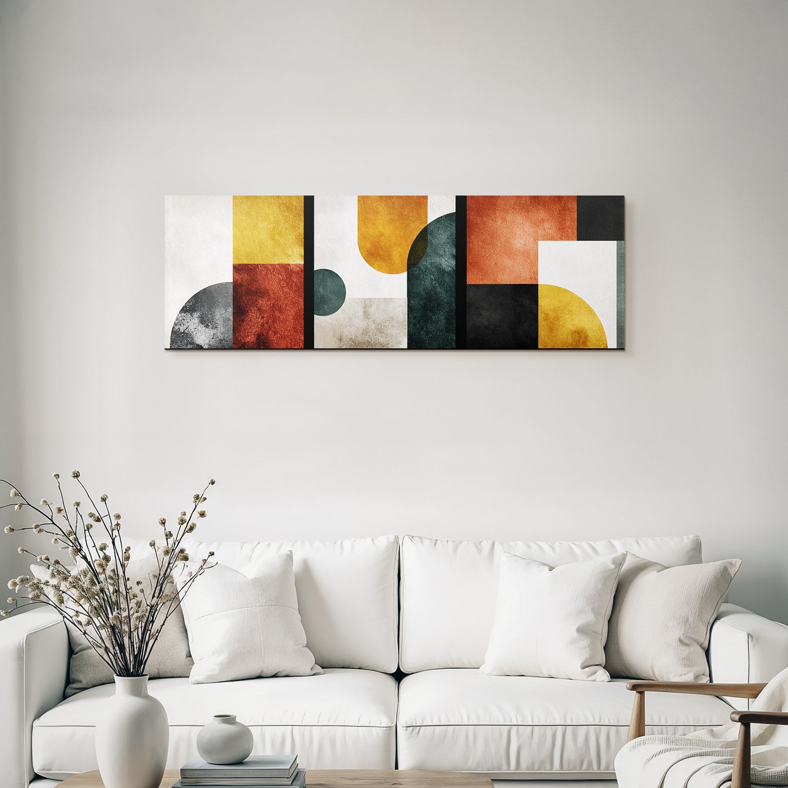 Abstraktes Kunstwerk Geometrische Formen Farben Gelb Rot Gruen Schwarz