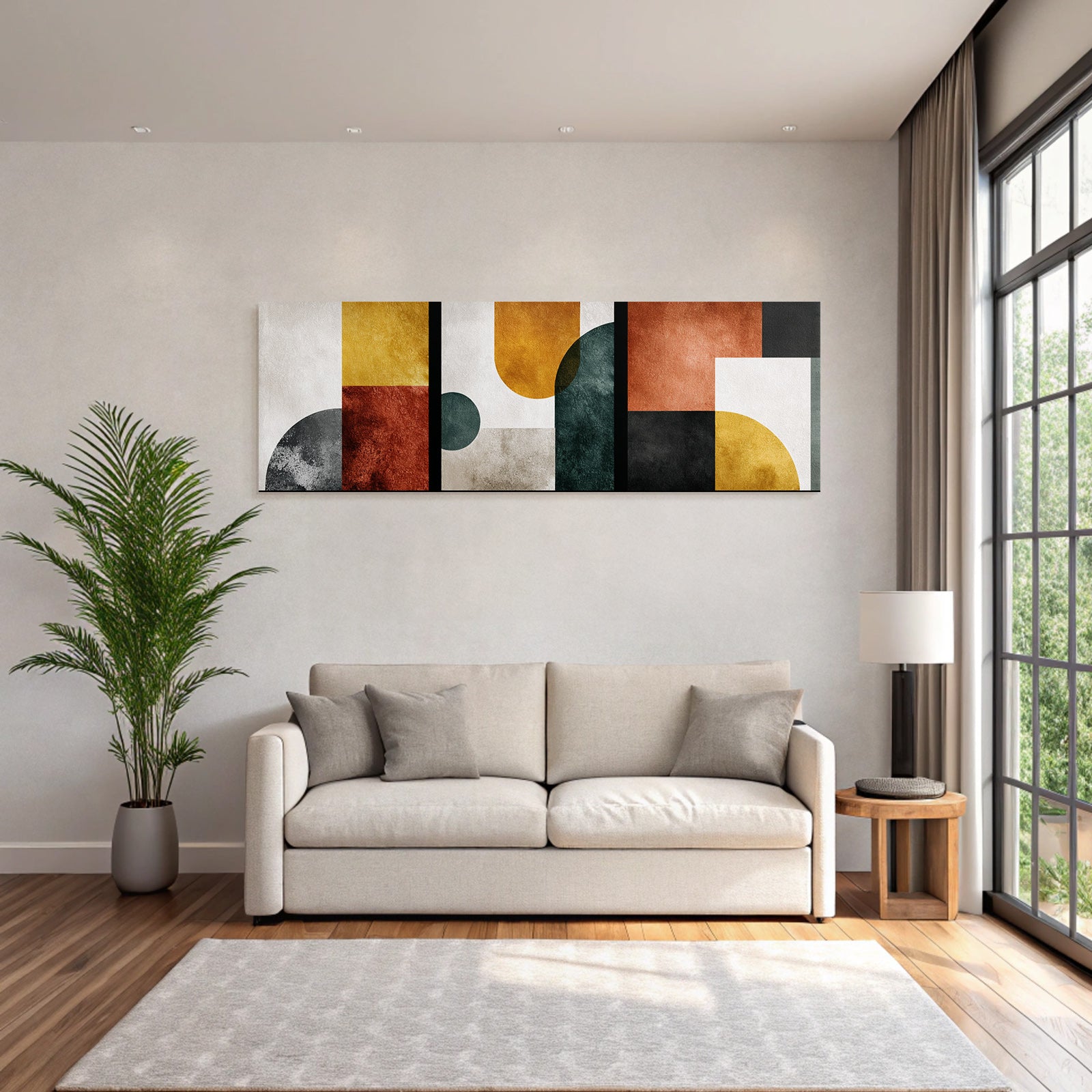 Abstraktes Kunstwerk Geometrische Formen Farben Gelb Rot Gruen Schwarz