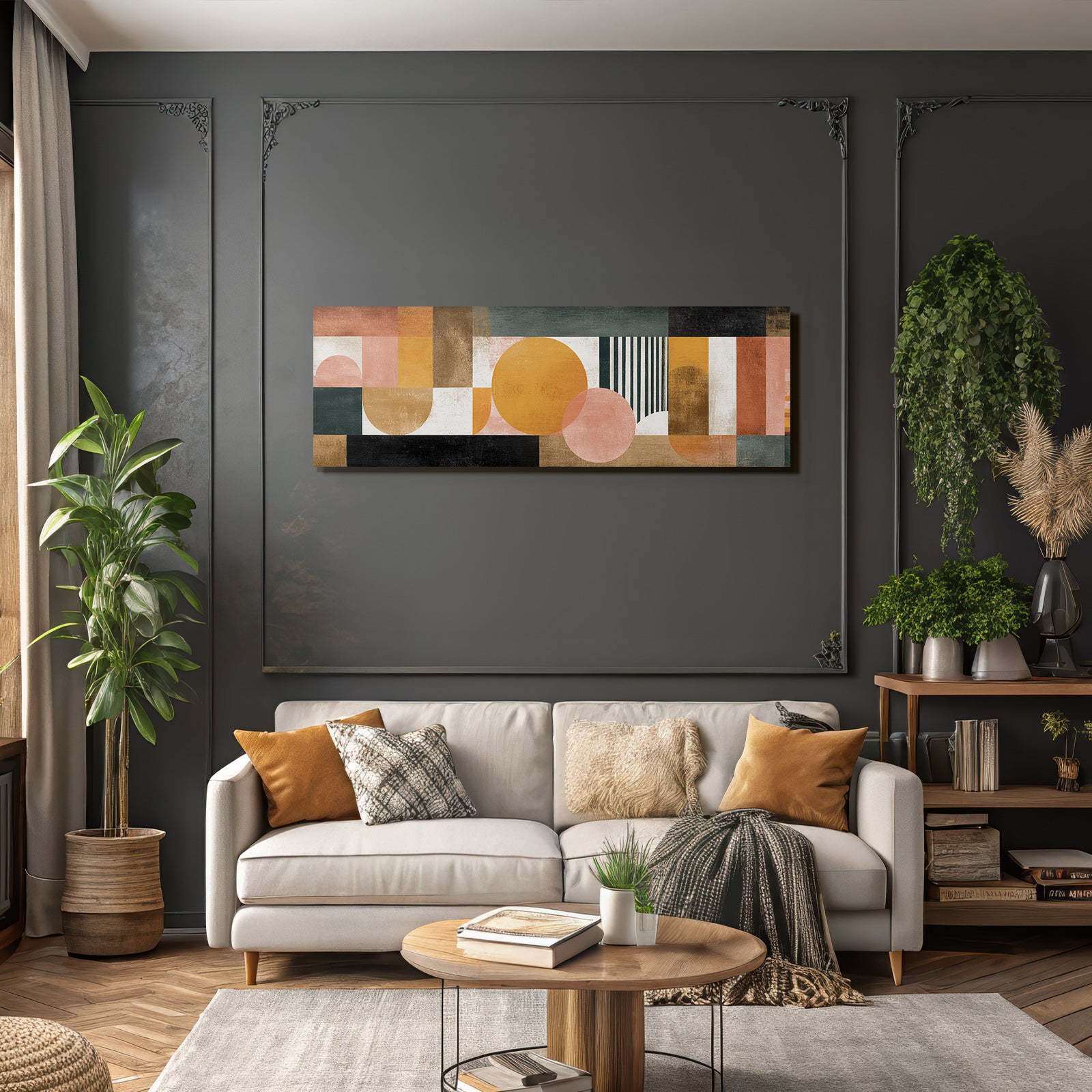 Abstraktes Kunstwerk Geometrische Formen Gedaempfte Farben Moderne Gestaltung