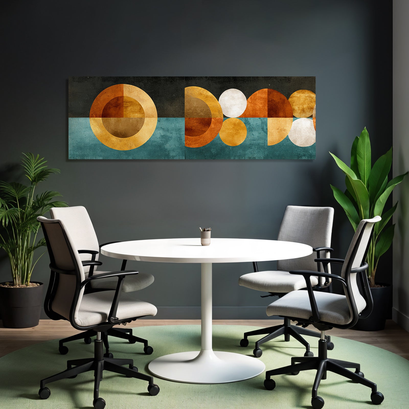 Abstraktes Kunstwerk Geometrische Formen Orange Gold Teal Schwarz