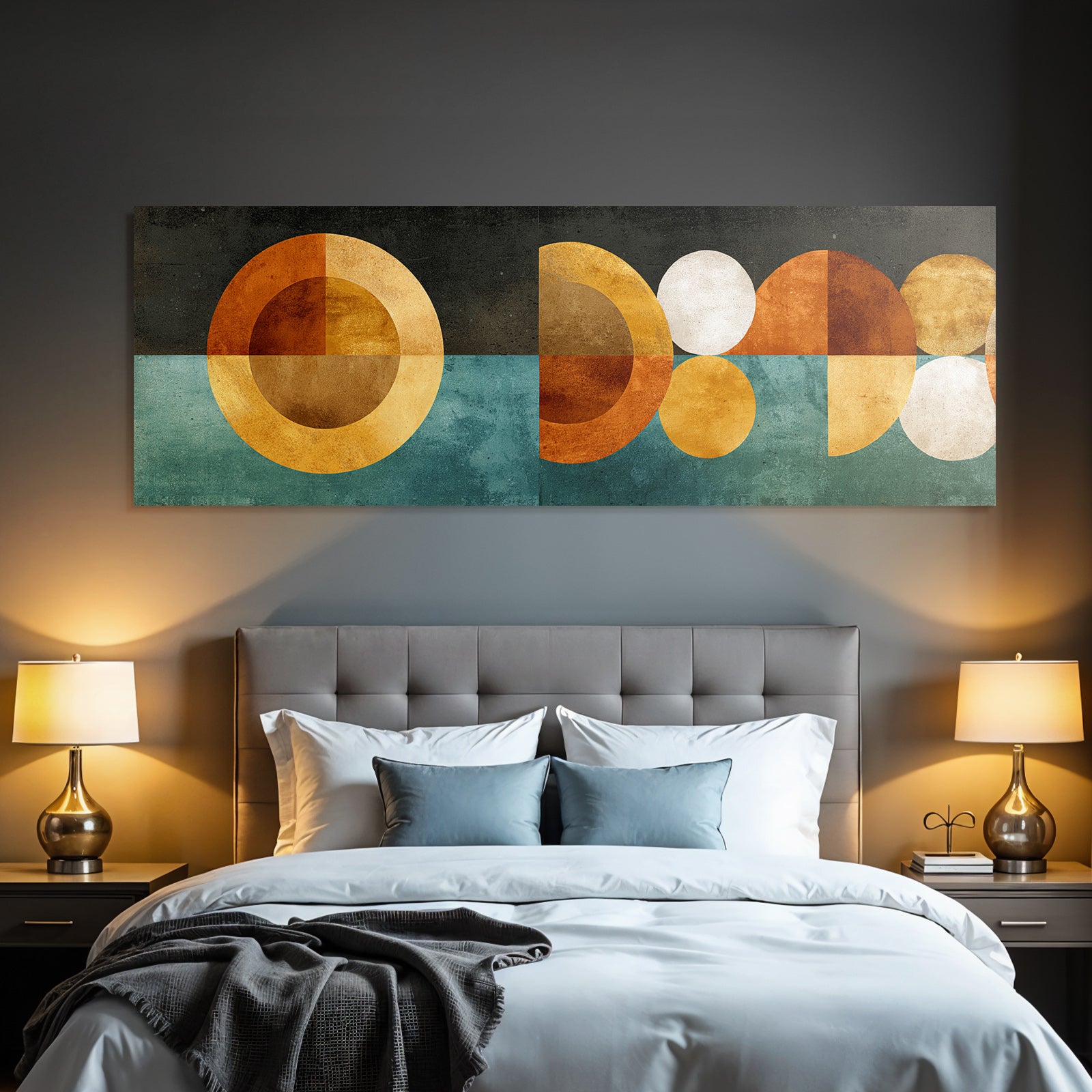 Abstraktes Kunstwerk Geometrische Formen Orange Gold Teal Schwarz