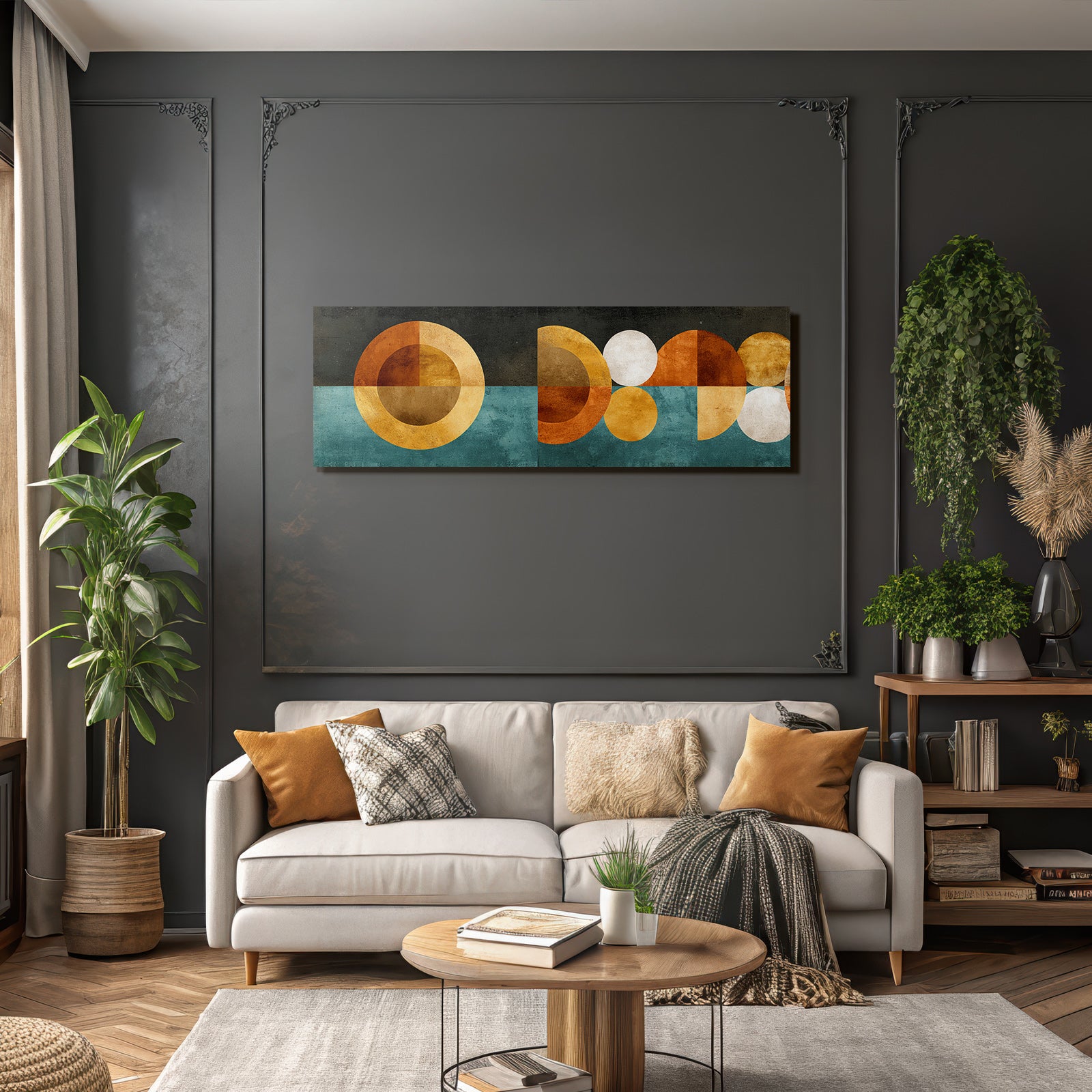 Abstraktes Kunstwerk Geometrische Formen Orange Gold Teal Schwarz