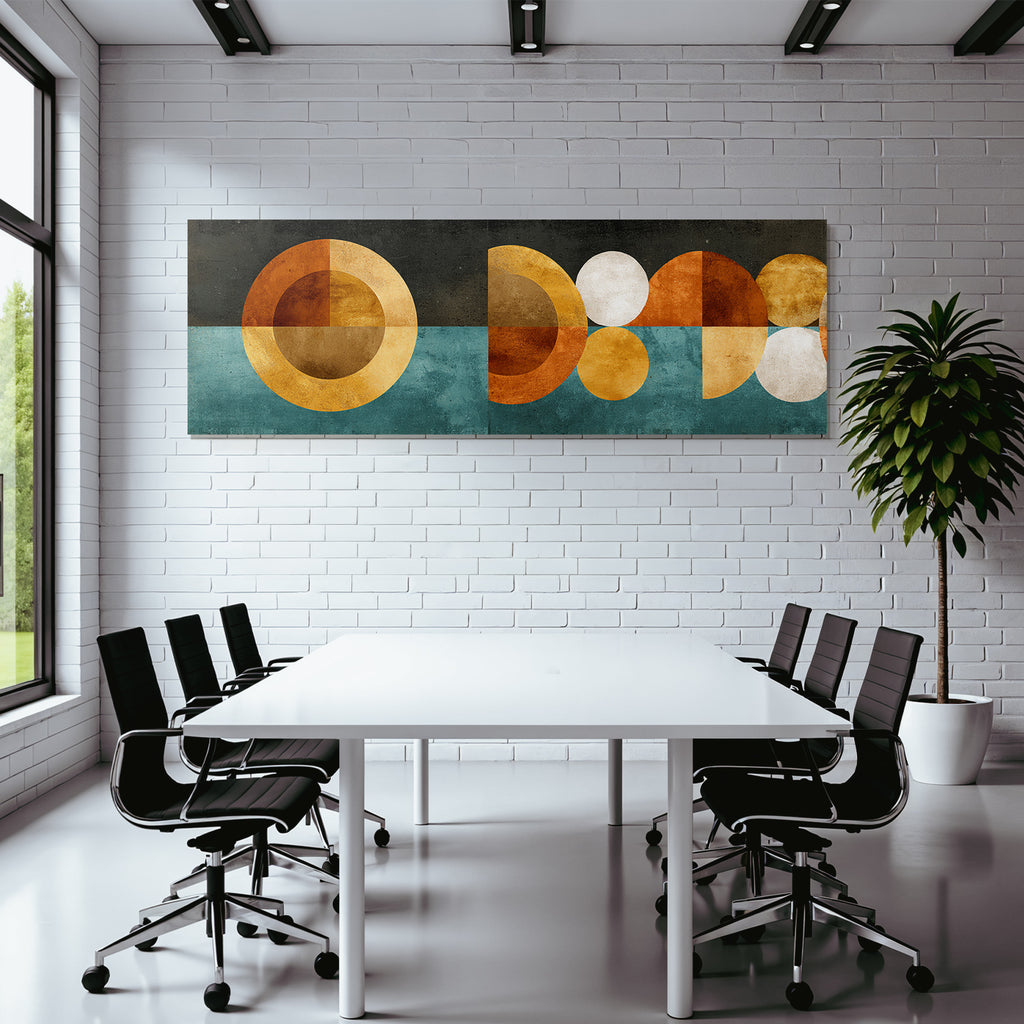 Abstraktes Kunstwerk Geometrische Formen Orange Gold Teal Schwarz