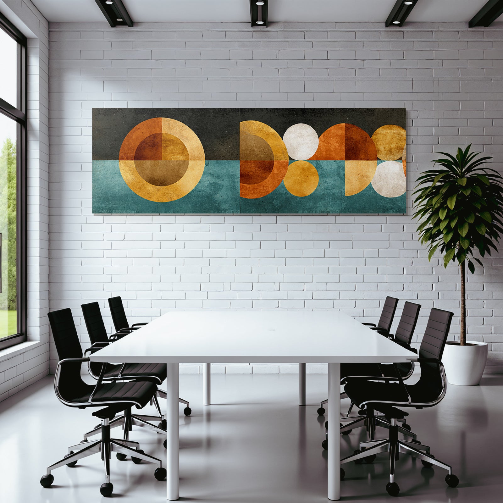Abstraktes Kunstwerk Geometrische Formen Orange Gold Teal Schwarz