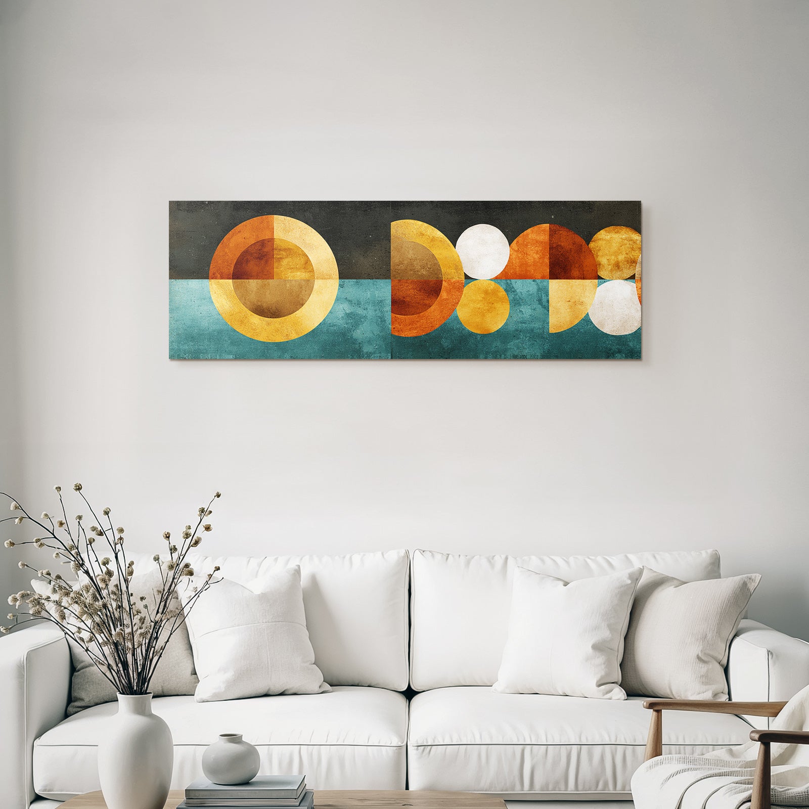 Abstraktes Kunstwerk Geometrische Formen Orange Gold Teal Schwarz