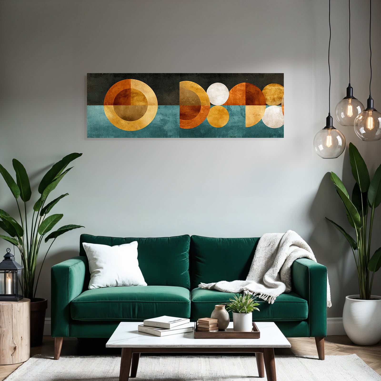 Abstraktes Kunstwerk Geometrische Formen Orange Gold Teal Schwarz