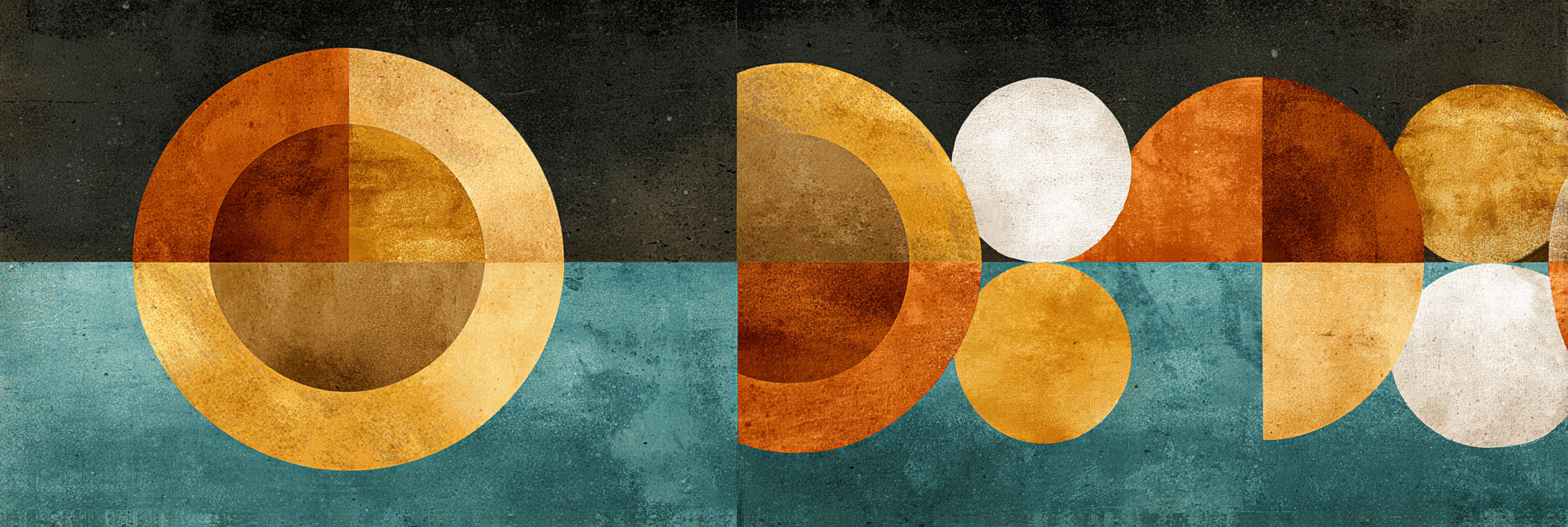 Abstraktes Kunstwerk Geometrische Formen Orange Gold Teal Schwarz | Mid Century Modern | Einrichtungsstile