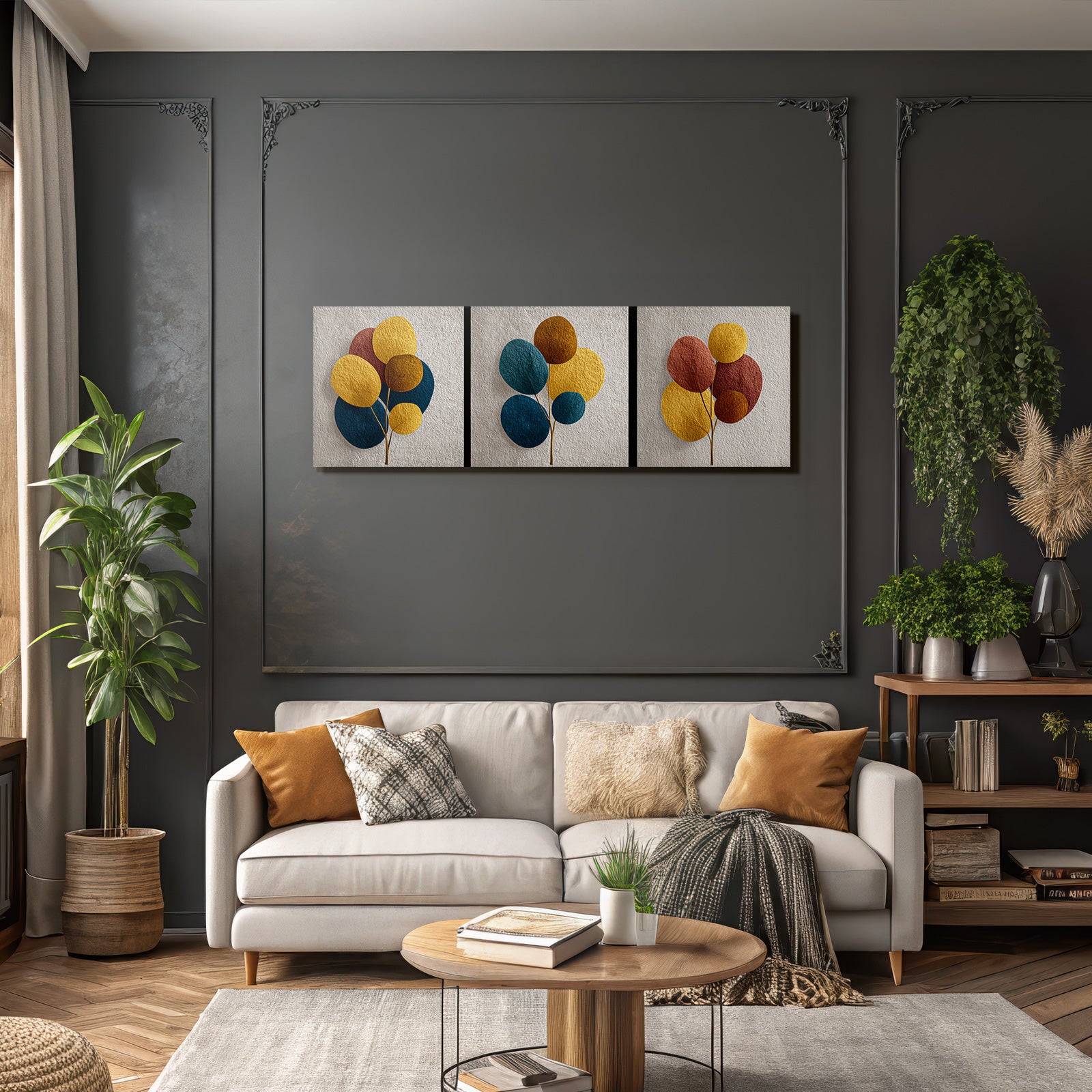 Triptychon Von Pflanzen In Erdtoenen Mit Texturiertem Hintergrund