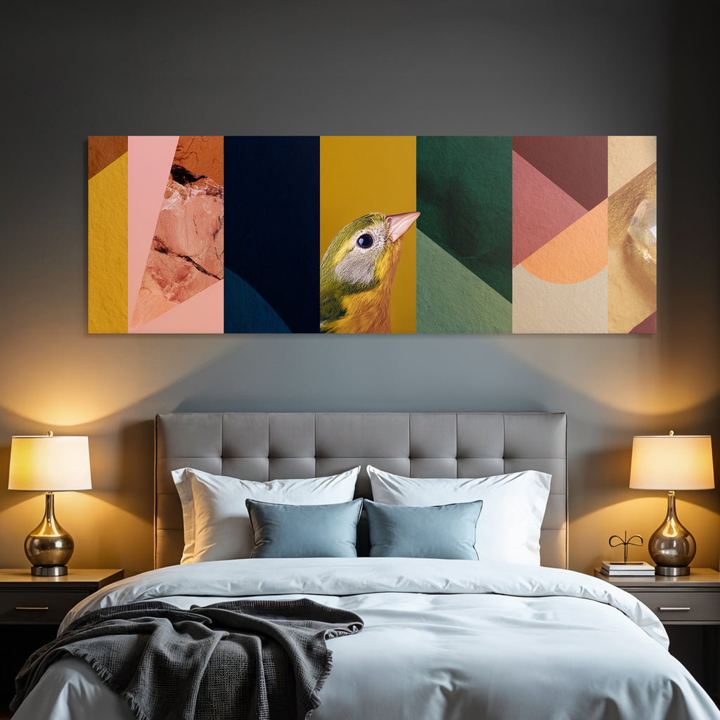 Vogel Vor Buntem Abstrakten Hintergrund Geometrischen Formen Und Texturen