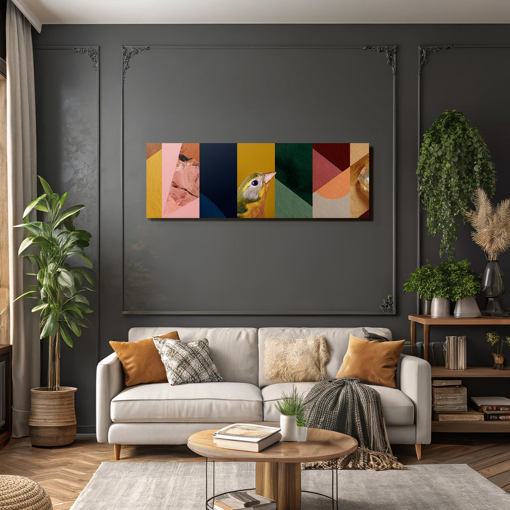 Vogel Vor Buntem Abstrakten Hintergrund Geometrischen Formen Und Texturen