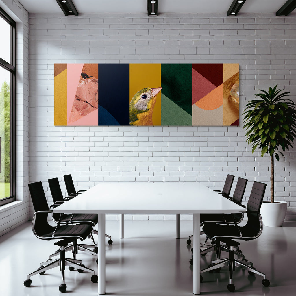 Vogel Vor Buntem Abstrakten Hintergrund Geometrischen Formen Und Texturen
