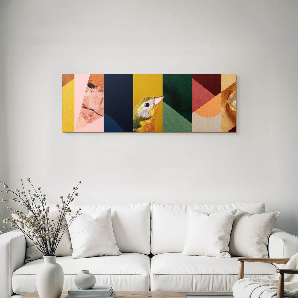 Vogel Vor Buntem Abstrakten Hintergrund Geometrischen Formen Und Texturen