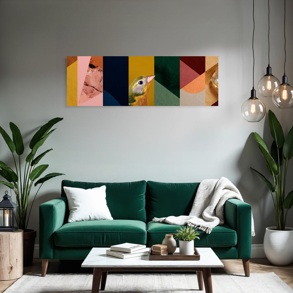 Vogel Vor Buntem Abstrakten Hintergrund Geometrischen Formen Und Texturen