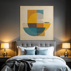 Abstract geometric composition shapes colors circles rectangles semicircles