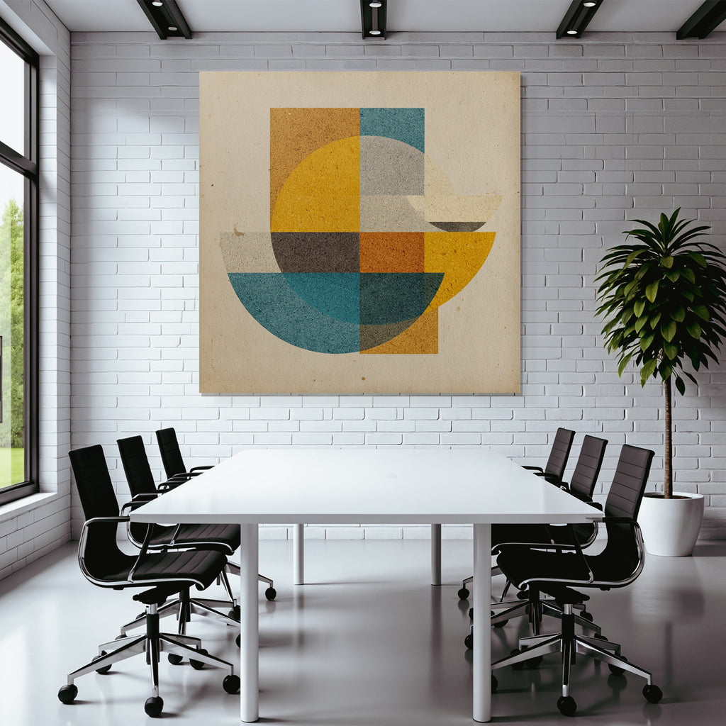 Abstract geometric composition shapes colors circles rectangles semicircles