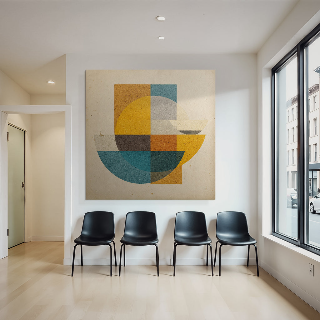 Abstract geometric composition shapes colors circles rectangles semicircles