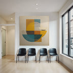 Abstract geometric composition shapes colors circles rectangles semicircles