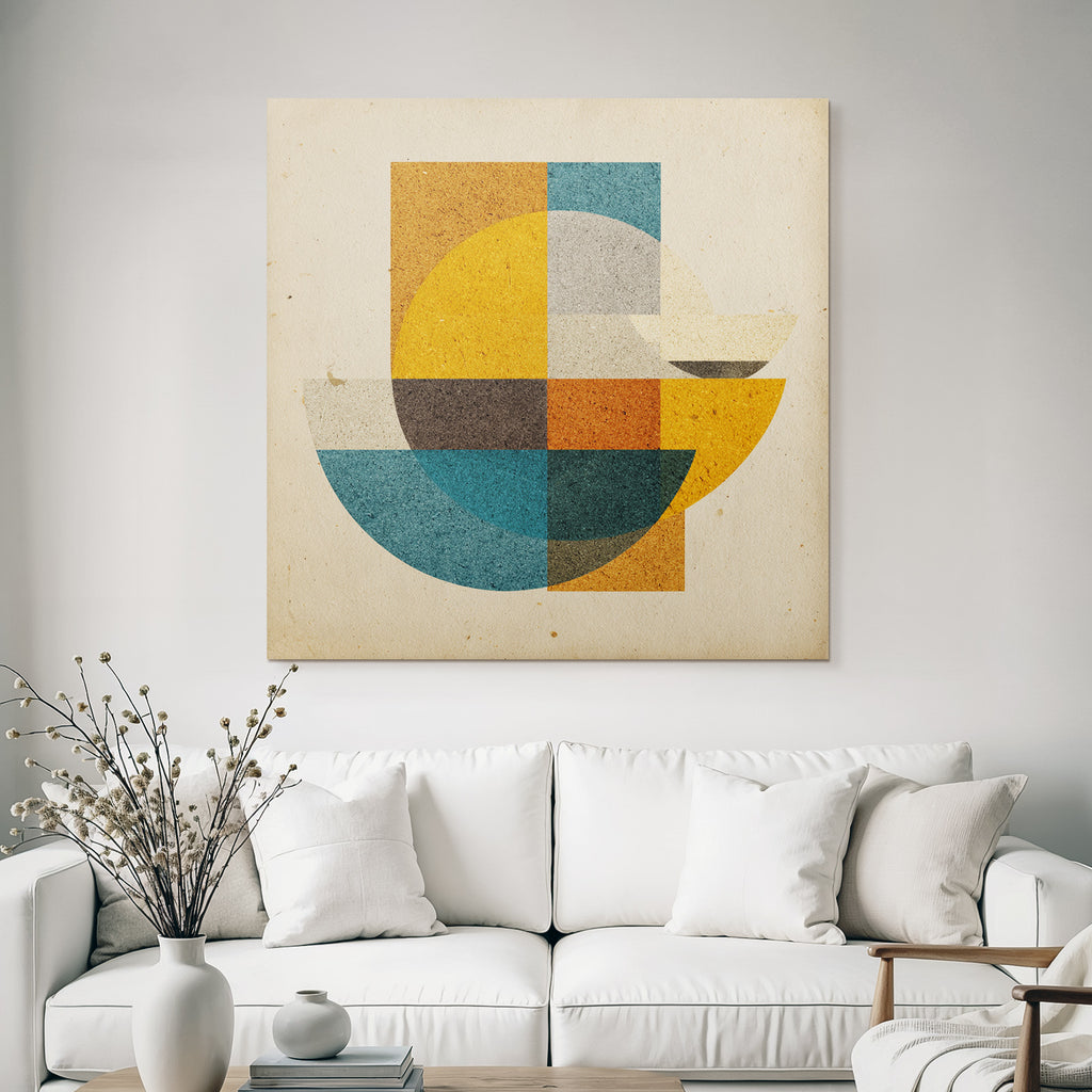 Abstract geometric composition shapes colors circles rectangles semicircles