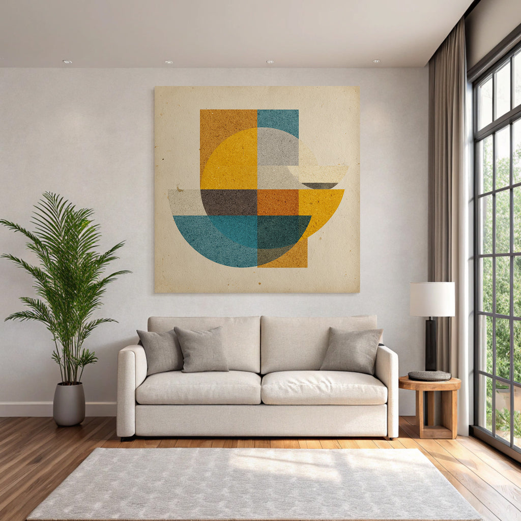 Abstract geometric composition shapes colors circles rectangles semicircles