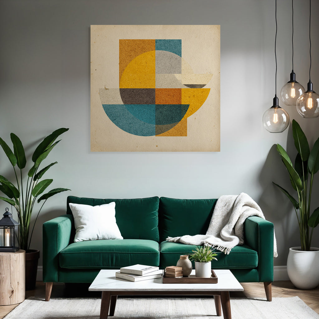 Abstract geometric composition shapes colors circles rectangles semicircles
