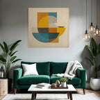 Abstract geometric composition shapes colors circles rectangles semicircles