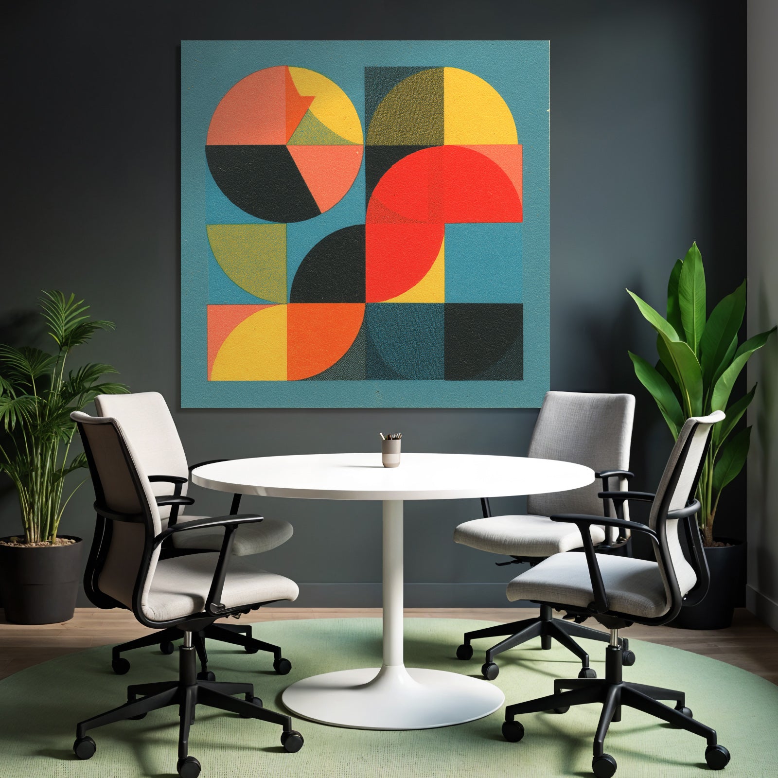 Abstrakte Geometrische Komposition Mit Bunten Formen Auf Blauem Hintergrund