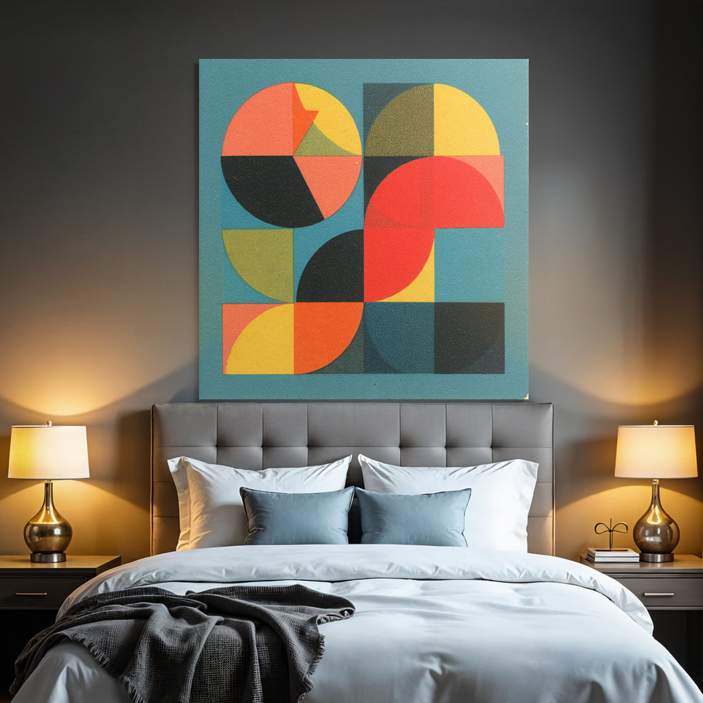 Abstract geometric composition with colorful shapes on a blue background