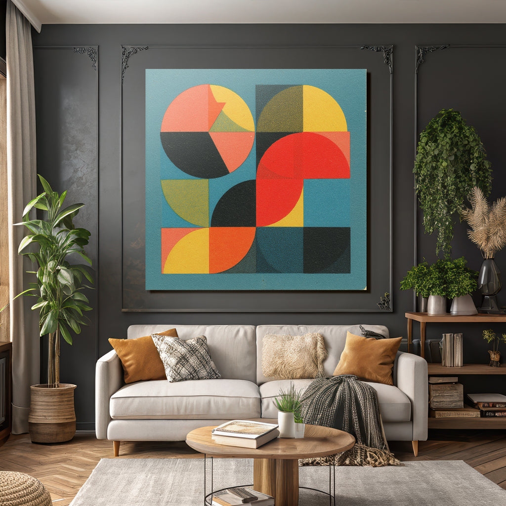 Abstract geometric composition with colorful shapes on a blue background