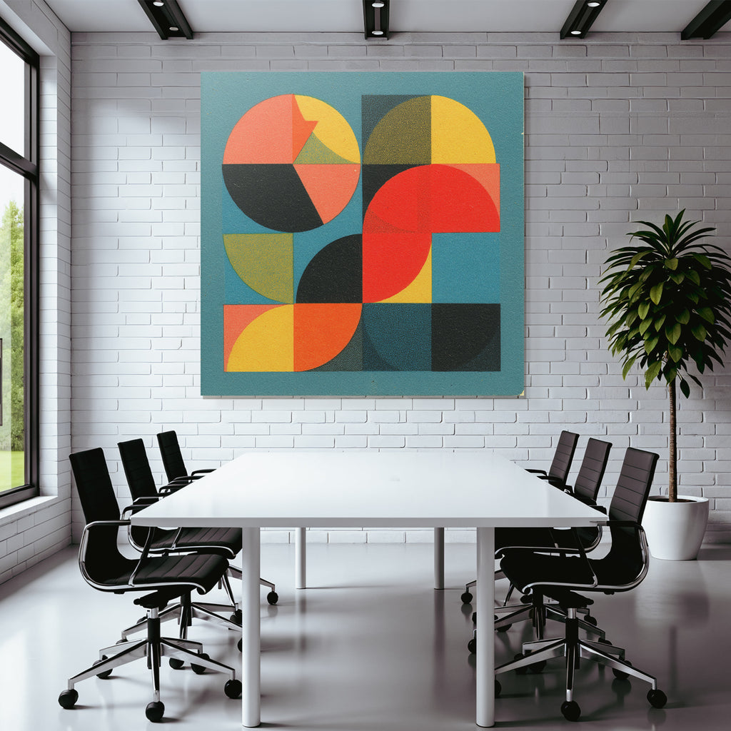 Abstract geometric composition with colorful shapes on a blue background