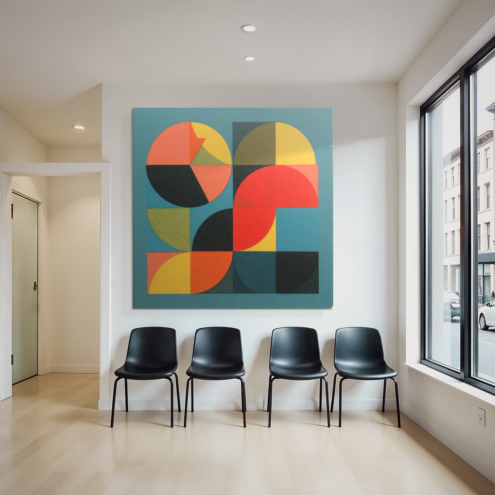 Abstrakte Geometrische Komposition Mit Bunten Formen Auf Blauem Hintergrund