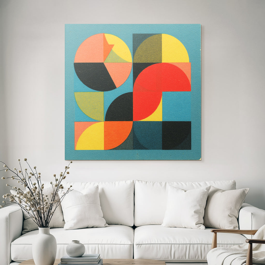 Abstract geometric composition with colorful shapes on a blue background