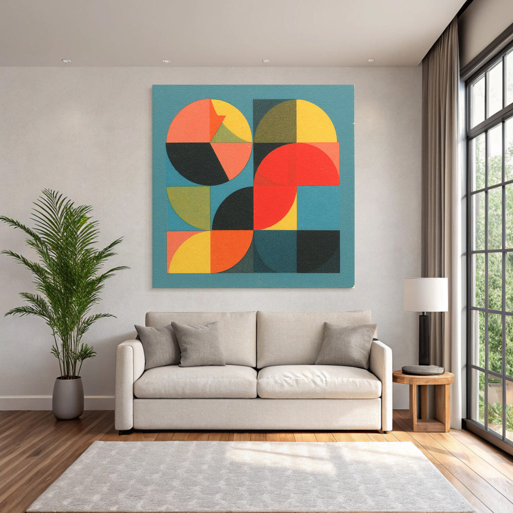 Abstract geometric composition with colorful shapes on a blue background