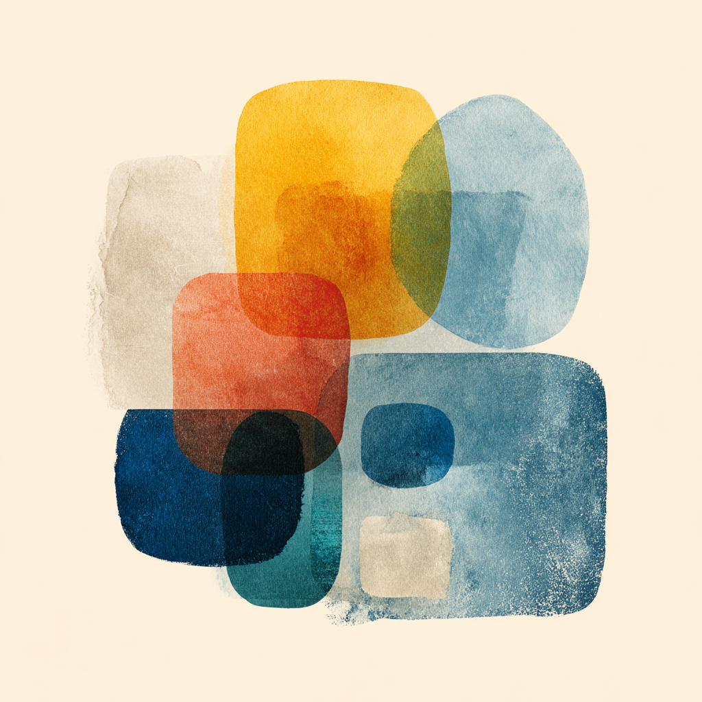 Abstrakte Illustration Ueberschneidende Formen Farben Gelb Orange Blau Beige | Mid Century Modern | Einrichtungsstile