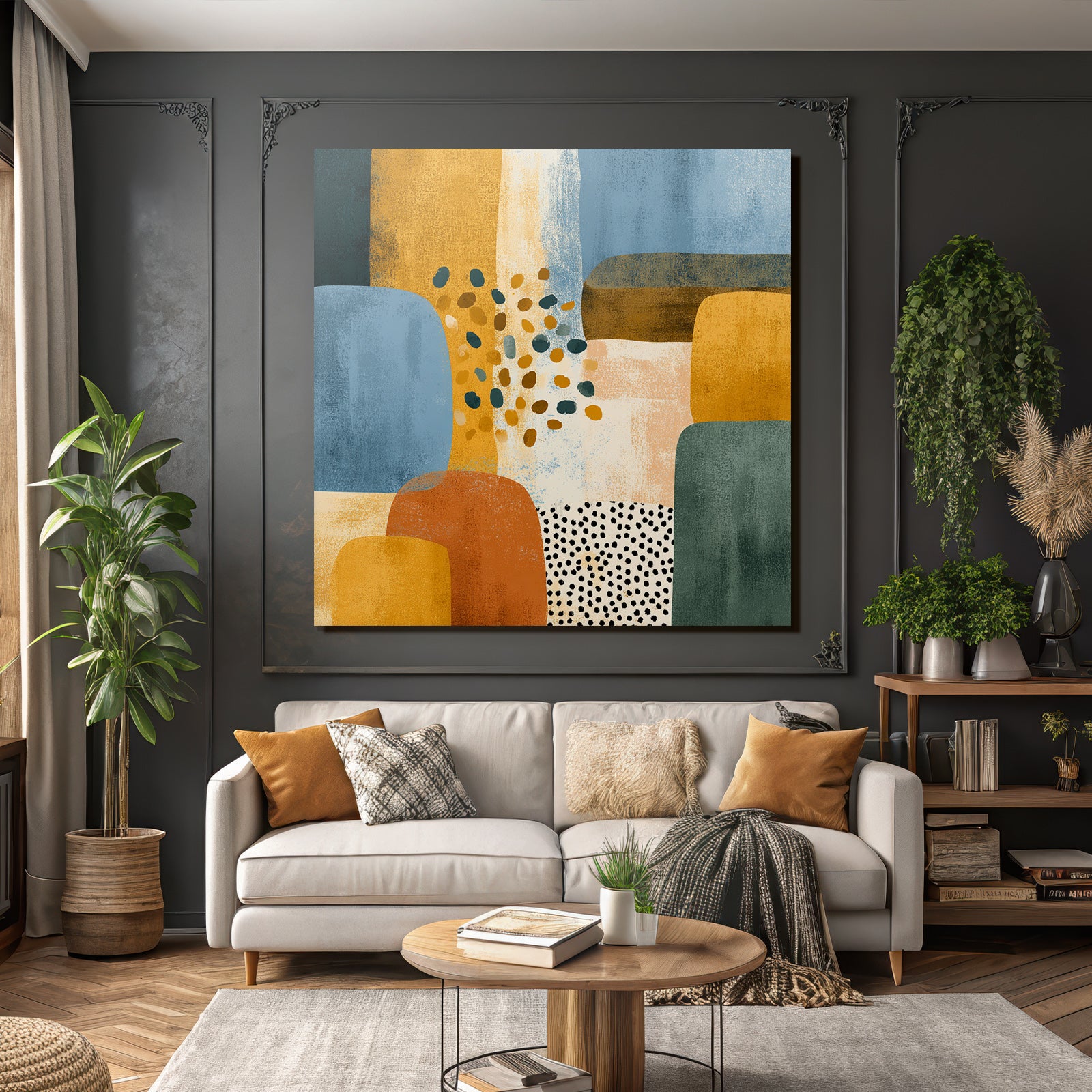 Abstrakte Kunst Mit Formen Und Farben Blau Orange Gelb Gruen Texturiert