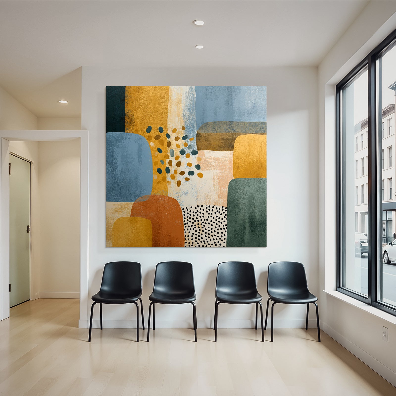 Abstrakte Kunst Mit Formen Und Farben Blau Orange Gelb Gruen Texturiert