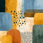 Abstrakte Kunst Mit Formen Und Farben Blau Orange Gelb Gruen Texturiert | Mid Century Modern | Einrichtungsstile
