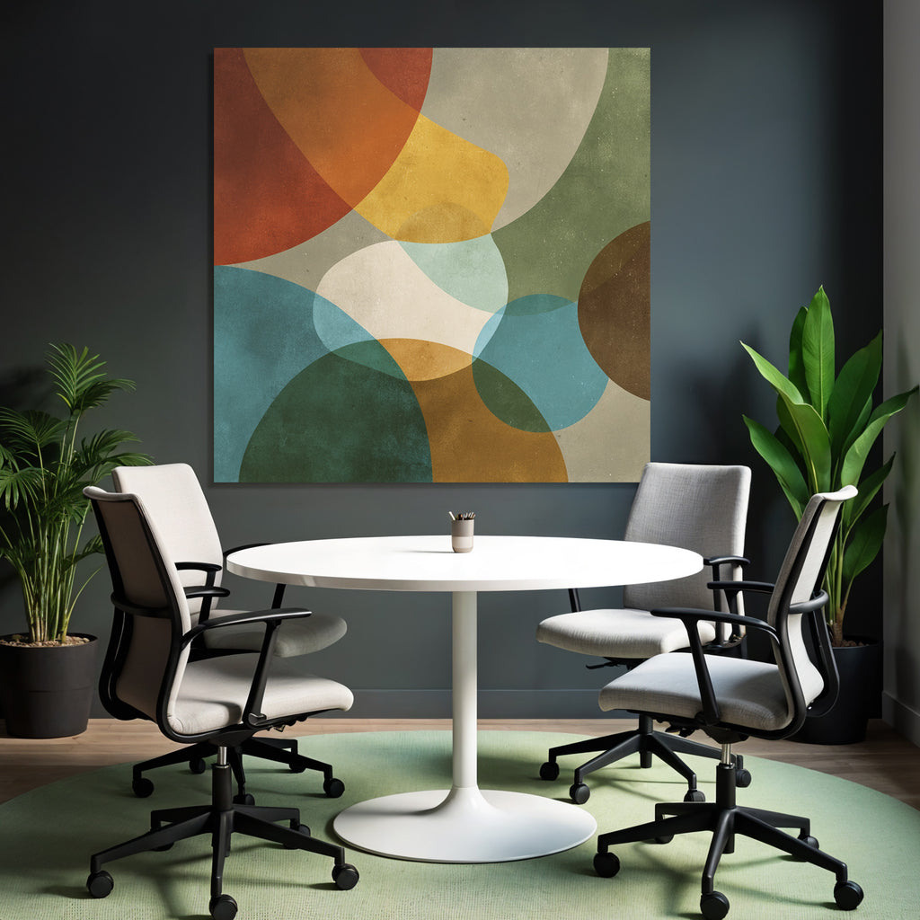 Abstraktes Design Ueberlappende Formen Farben Rot Gelb Blau Gruen Braun