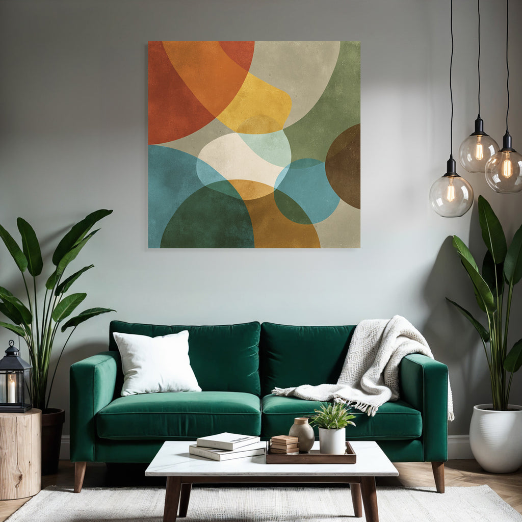 Abstraktes Design Ueberlappende Formen Farben Rot Gelb Blau Gruen Braun