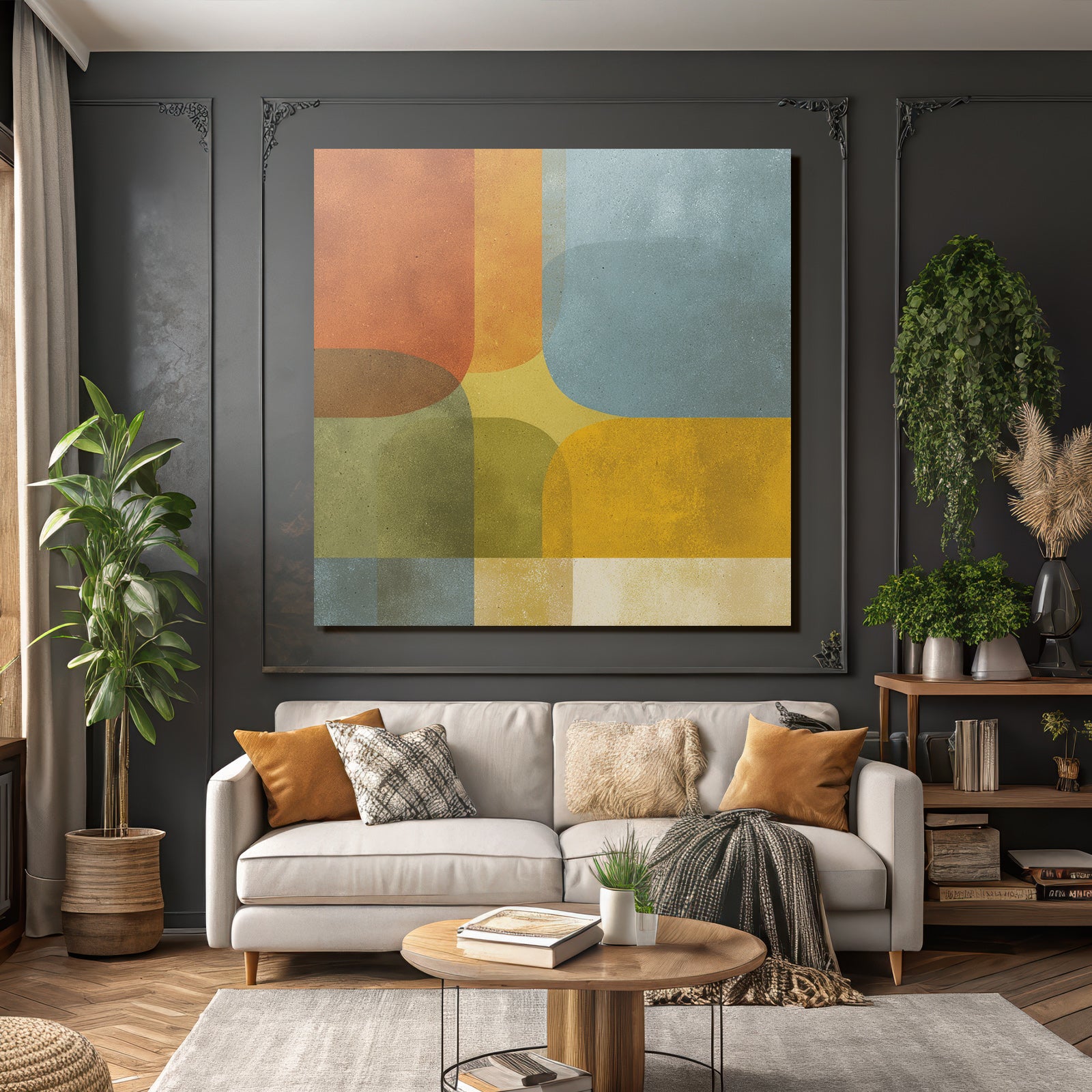 Abstraktes Design Verschiedene Formen Farben Orange Gelb Blau Gruen Beige