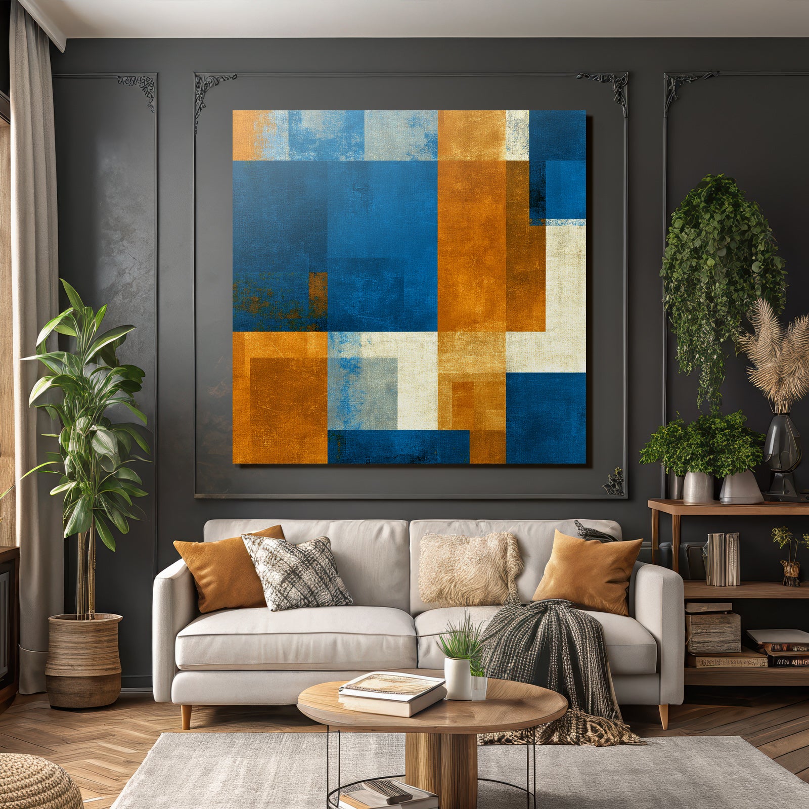 Abstraktes Muster Blau Orange Neutrale Farben Rechteckige Formen