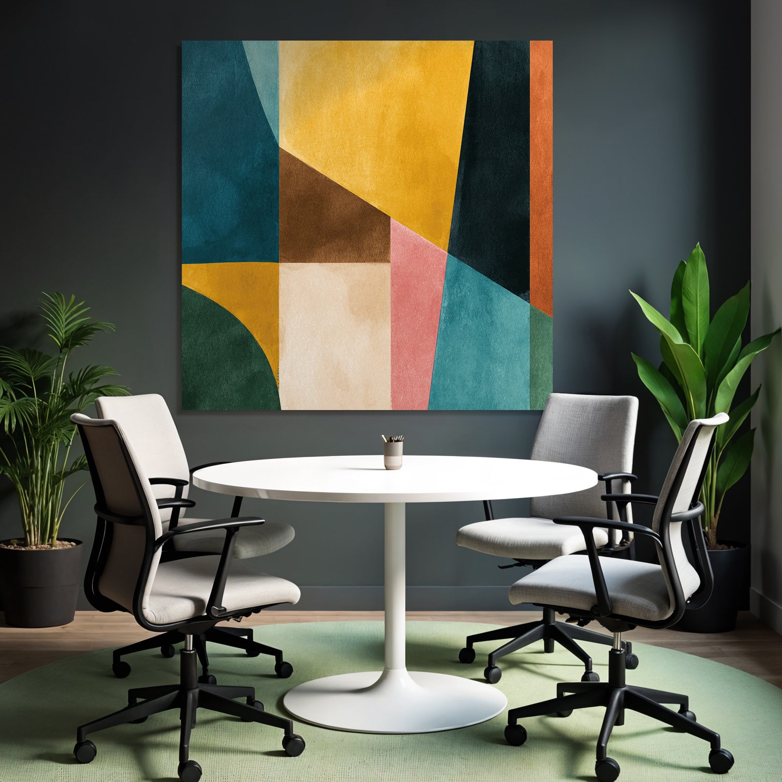 Abstraktes Wasserfarben Kunst Geometrische Formen Teal Gelb Braun Rosa