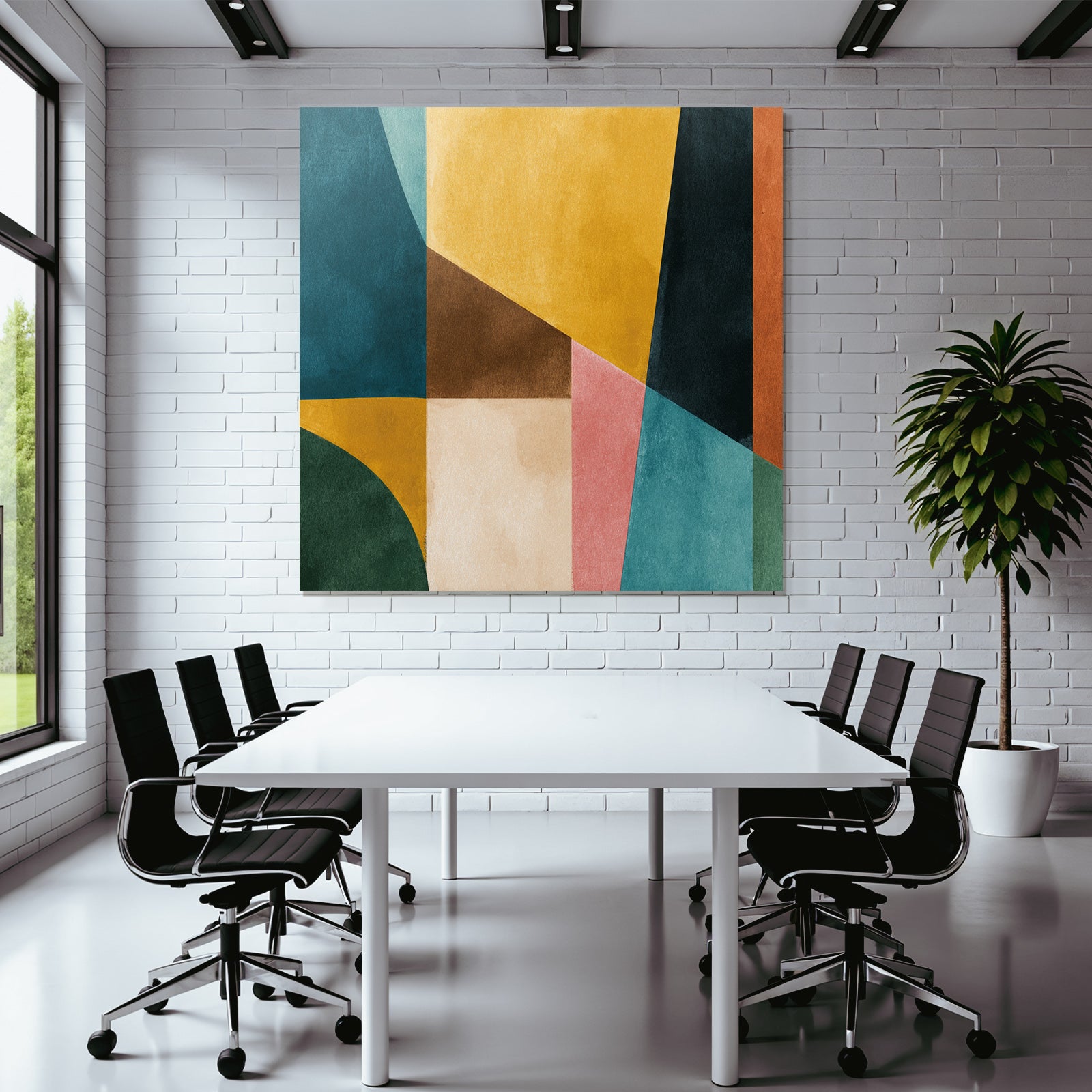 Abstraktes Wasserfarben Kunst Geometrische Formen Teal Gelb Braun Rosa