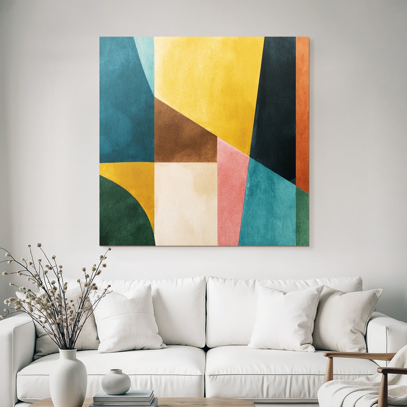 Abstraktes Wasserfarben Kunst Geometrische Formen Teal Gelb Braun Rosa