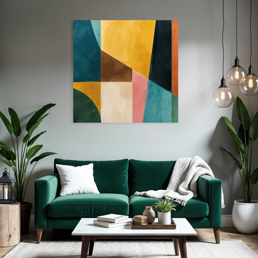Abstraktes Wasserfarben Kunst Geometrische Formen Teal Gelb Braun Rosa