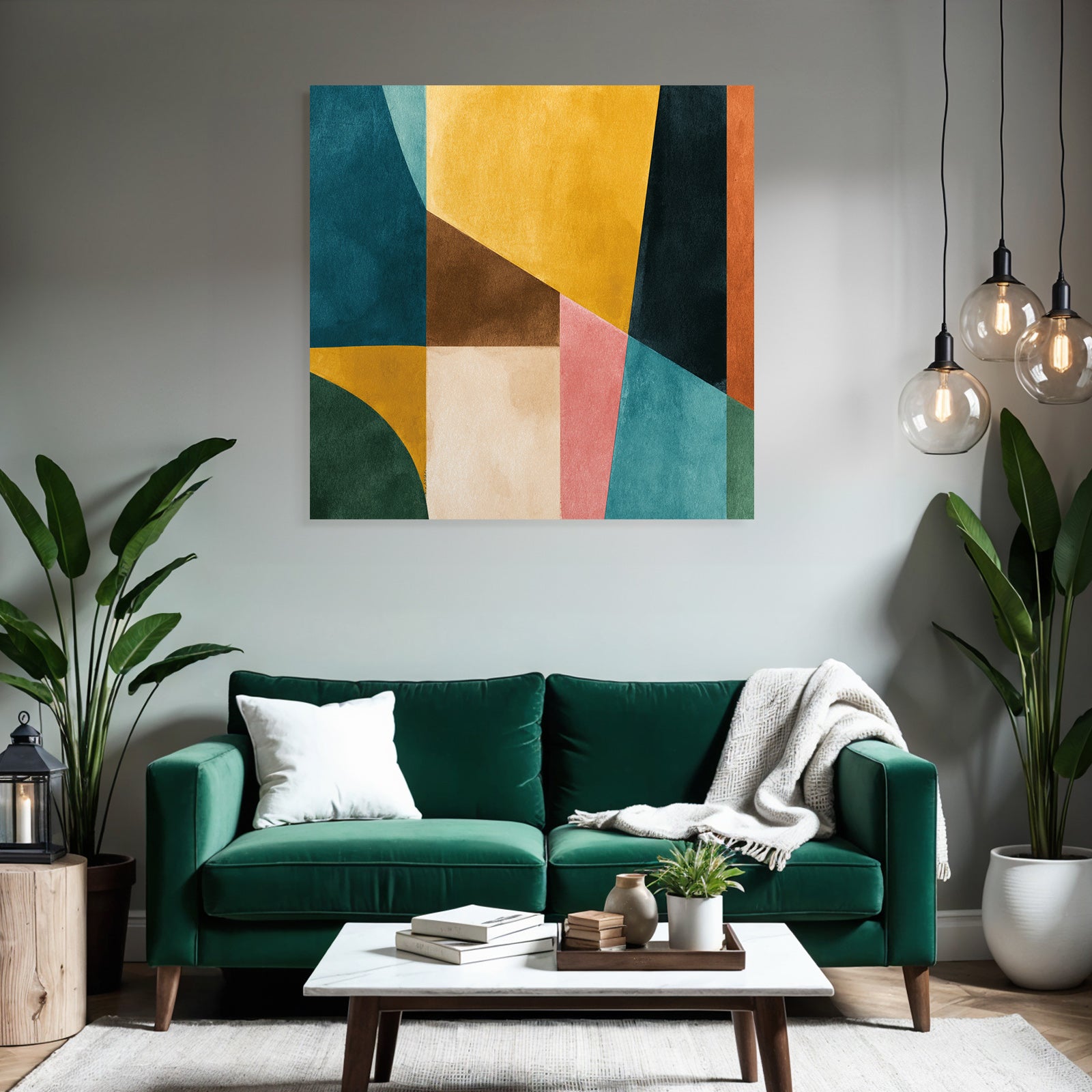 Abstraktes Wasserfarben Kunst Geometrische Formen Teal Gelb Braun Rosa