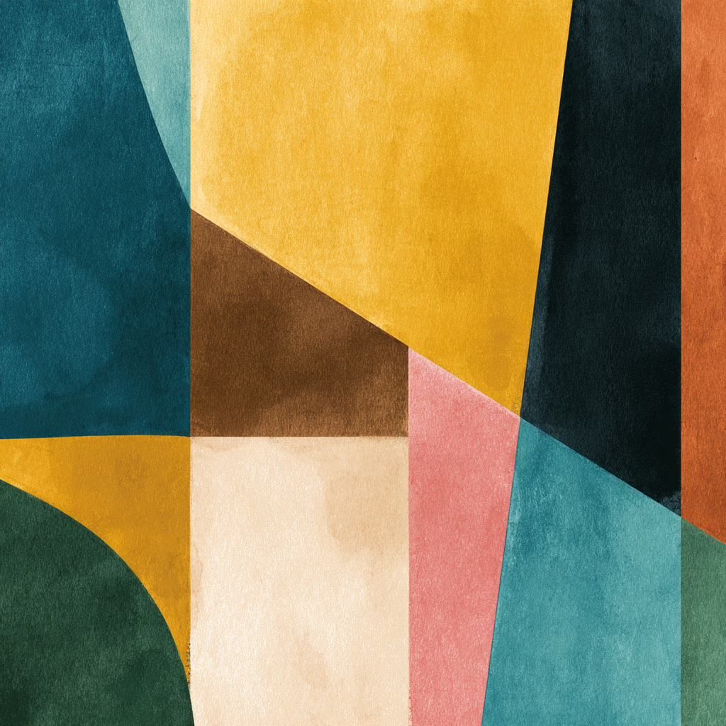 Abstraktes Wasserfarben Kunst Geometrische Formen Teal Gelb Braun Rosa | Mid Century Modern | Einrichtungsstile
