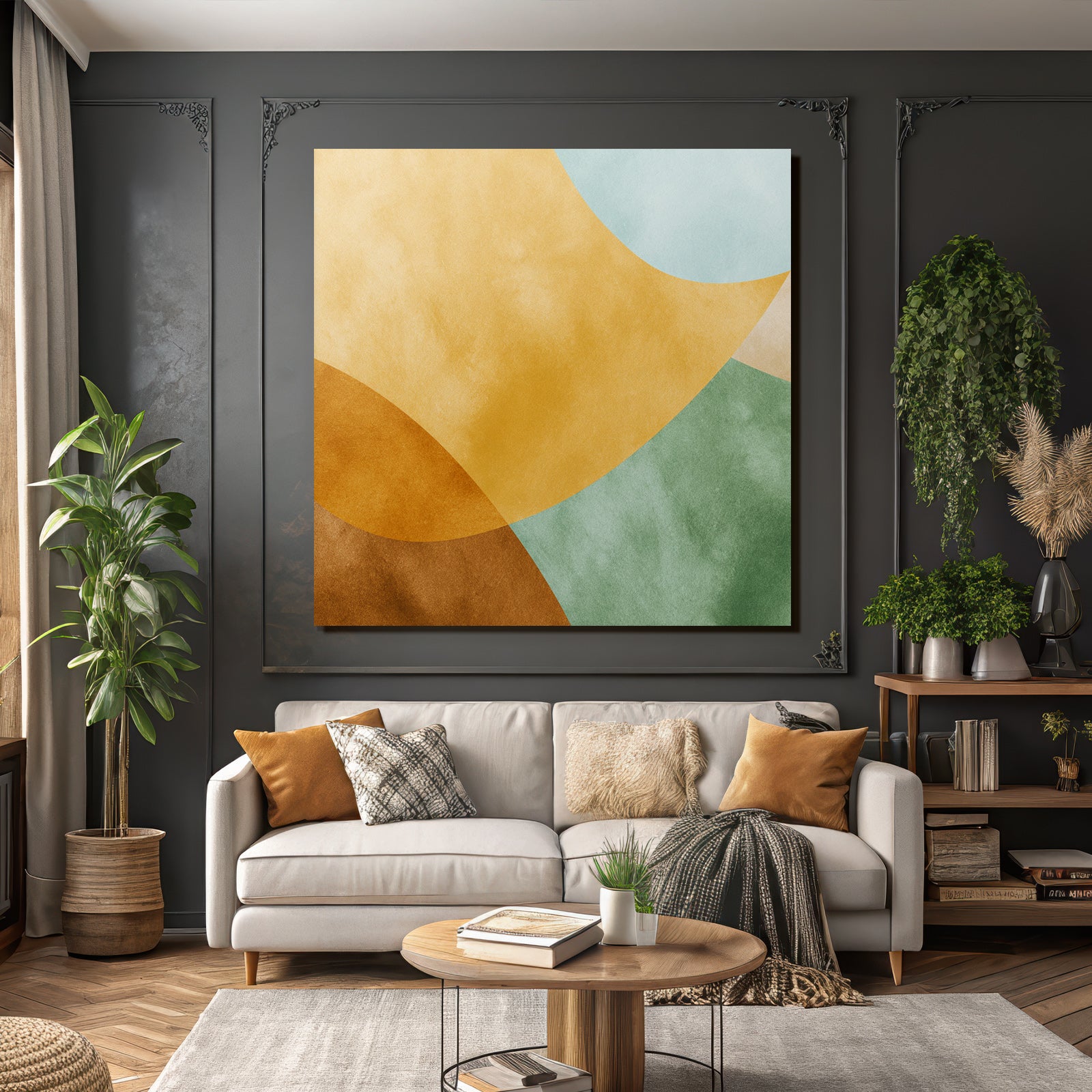 Farbenfrohes Abstraktes Design Mit Fliessenden Formen Gold Gruen Blau