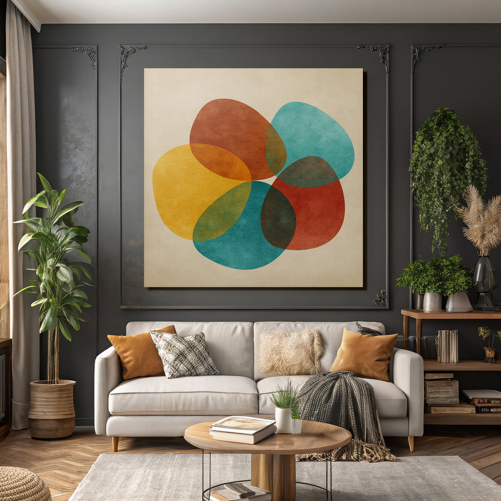 Farbenfrohes Abstraktes Design Mit Ueberlappenden Formen Auf Beige Hintergrund