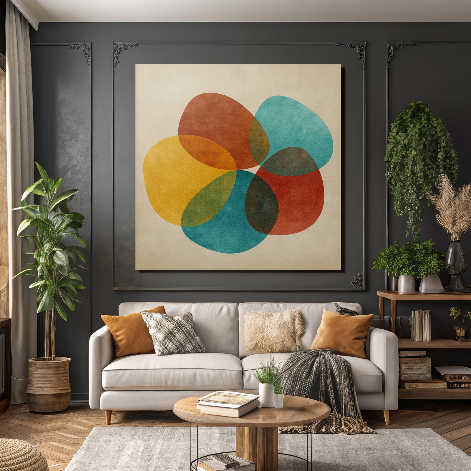 Farbenfrohes Abstraktes Design Mit Ueberlappenden Formen Auf Beige Hintergrund