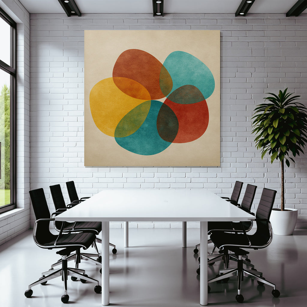 Farbenfrohes Abstraktes Design Mit Ueberlappenden Formen Auf Beige Hintergrund